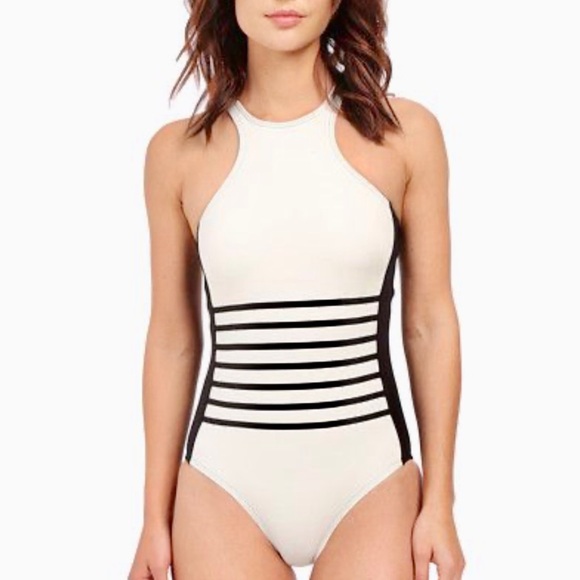 DKNY Swim White & Black Racer Front One Piece Size 12 NWT - Picture 2 of 7